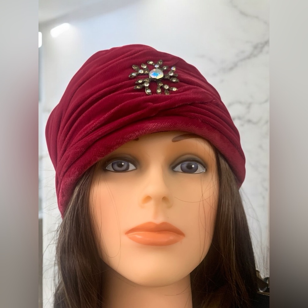 1960s Raspberry Red Vintage Velvet Turban Hat with Jewel Accent - Picture 7 of 14